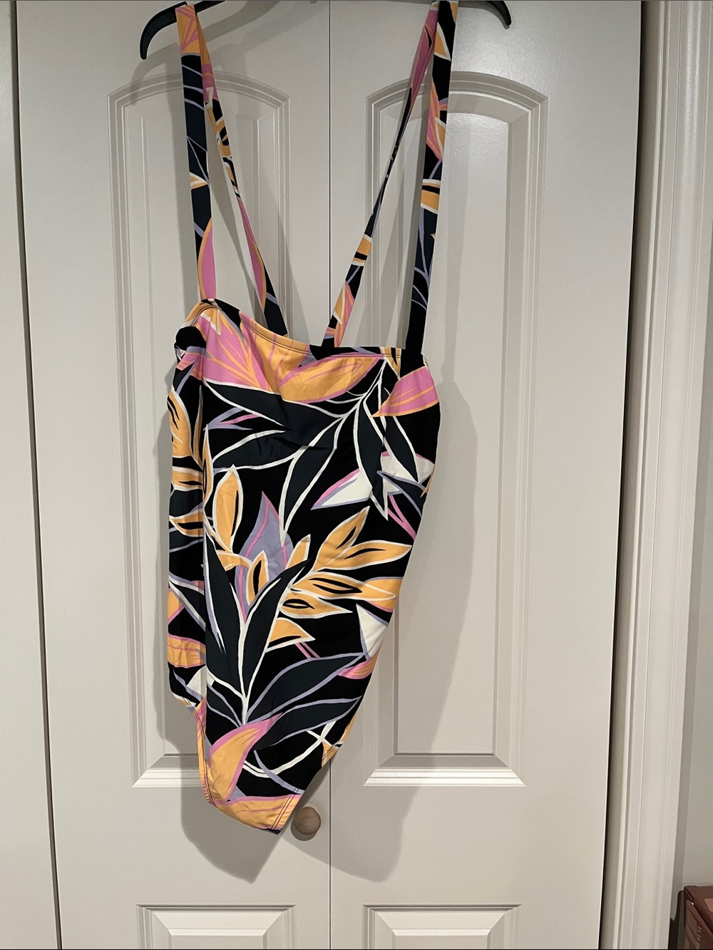 Kona Sol Black One-Piece Swimsuit with Pink & Yellow Leaf Print